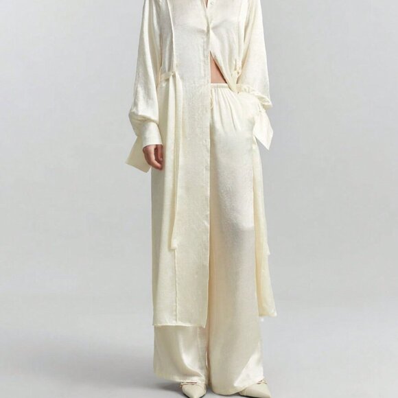 Pants - Beige Satin Minimalist Bohemian Women's Long Sleeve Shirt Side Slit